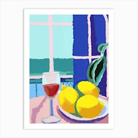 Painting Of A Lemons And Wine, Frenchch Riviera View, Checkered Cloth, Matisse Style 1 Art Print