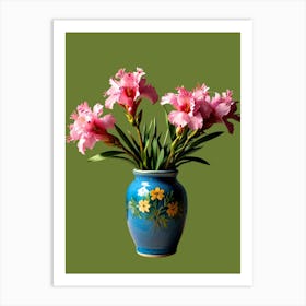 Pink Flowers In A Blue Vase Art Print