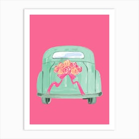 Vintage Wedding Car with dark pink background wallart printable Art Print