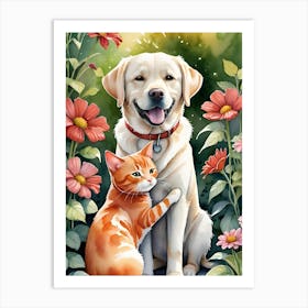 cat with dog with flowers Art Print