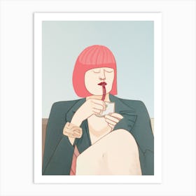 Woman Drinking Coffee Pink Hair Art Print