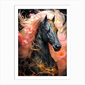 Black Horse With Flowers 2 Art Print