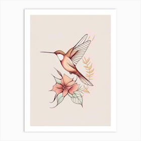 Hummingbird And Flowers Retro Minimal 3 Art Print