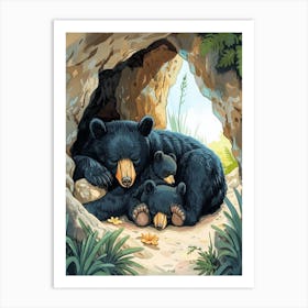 American Black Bear Family Sleeping In A Cave Storybook Illustration 4 Art Print