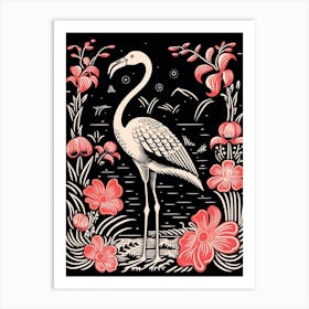 Vintage Bird Linocut Flamingo 1 Art Print