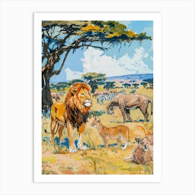 Southwest African Lion Interaction With Others Fauvist Painting 1 Art Print