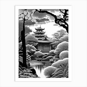 Ryoan Ji Garden, Japan Linocut Black And White Vintage Art Print