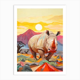 Rhino At Sunrise Collage Style 2 Art Print