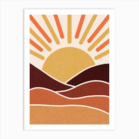 WA240026 - Boho Retro Sunset Landscape - Vibrant Geometric Sun and Hills Art Print