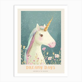 Pastel Storybook Style Unicorn In The Flowers 2 Poster Art Print