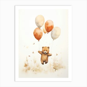 Bear Flying With Autumn Fall Pumpkins And Balloons Watercolour Nursery 4 Art Print