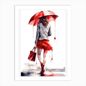 Girl in the rain with a red umbrella watercolor Art Print