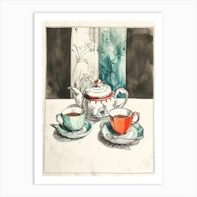 Watercolour Afternoon Tea Line Illustration 2 Art Print