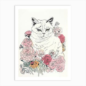 Cute Persian Cat With Flowers Illustration 3 Art Print