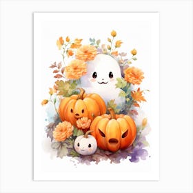 Cute Ghost With Pumpkins Halloween Watercolour 83 Art Print