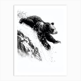 Malayan Sun Bear Cub Sliding Down A Snowy Hill Ink Illustration 2 Art Print