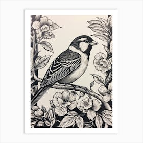 B&W Bird Linocut House Sparrow Art Print