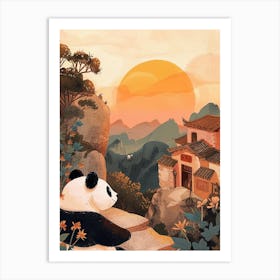 Giant Panda Looking At A Sunset From A Mountaintop Storybook Illustration 4 Art Print