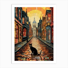 Mosaic Black Cat In A Vintage Sunset Street Art Print