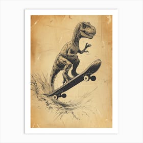 Vintage Dilophosaurus Dinosaur On A Skateboard 1 Art Print