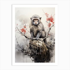 Monkey, Japanese Brush Painting, Ukiyo E, Minimal 3 Art Print