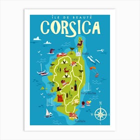 Corsica Map Poster Green & Blue Art Print