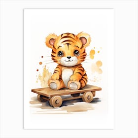 Baby Tiger On A Toy Car, Watercolour Nursery 5 Art Print