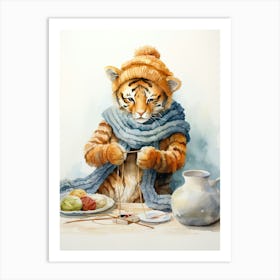 Tiger Illustration Knitting Watercolour 3 Art Print
