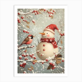 Snowman And Bird Art Print