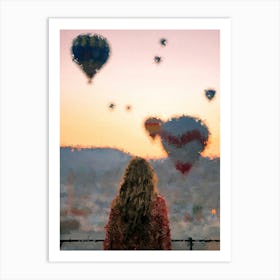 Girl Watching Floating Air Balloons, Oil Painting Art Print