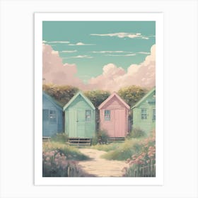 Brighton Beach Huts Studio Ghibli Style Pastel Colours Pink Clouds Art Print