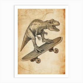 Vintage Camarasaurus Dinosaur On A Skateboard 2 Art Print