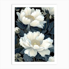 White Peonies On Black Background Poster