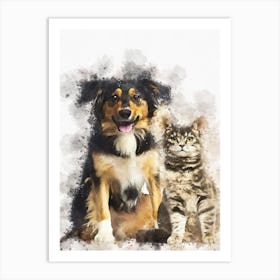 Cat And Dog Sitting Together Art Print