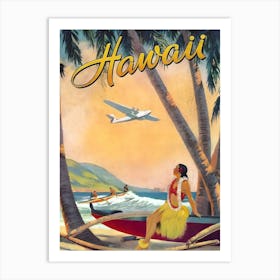 Hawaii, Airplane Arrival, Hula Girl On The Coast Art Print