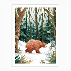 Sloth Bear Walking Through A Snow Covered Forest Storybook Illustration 2 Art Print
