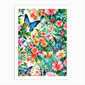 Seamless Pattern With Butterflies And Flowers Art Print