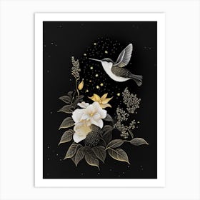 Hummingbird In Moonlit Night Vintage Gold & Black Art Print