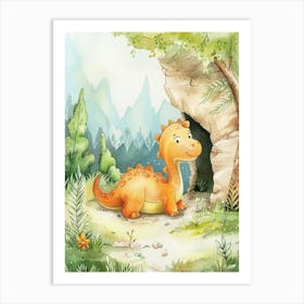 Cute Dinosaur Finds A Cave Storybook Illustration Art Print