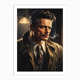 Weary Detective, Puffing On A Cigarette In The Shadows Art Print