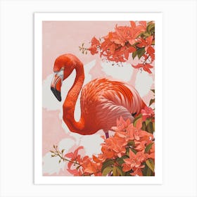 American Flamingo And Bougainvillea Minimalist Illustration 1 Art Print