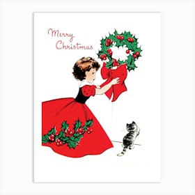 Young Girl In Red Dress And A Christmas Wreath Art Print