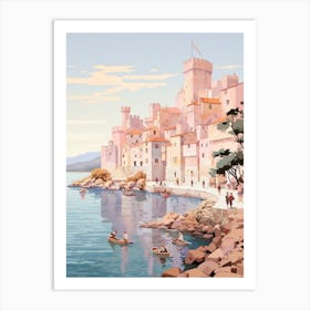 Korcula Croatia 2 Vintage Pink Travel Illustration Art Print