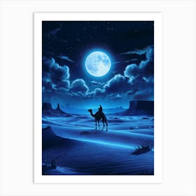 Lofi Anime Art: Moonlit desert with a lone camel rider under a starry sky, perfect for serene and dreamy vibes. Art Print