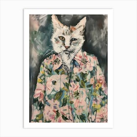 Animal Party: Crumpled Cute Critters with Cocktails and Cigars Cat In Floral Shirt 2 Art Print