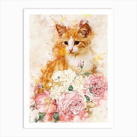 Cat With Roses 1 Art Print