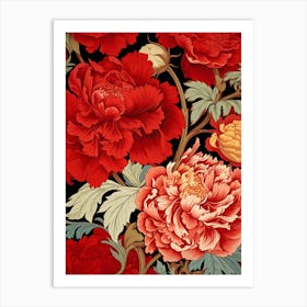 Peony Flowers On Black Background Art Print