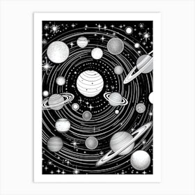 Black And White Drawing Of The Solar System Art Print