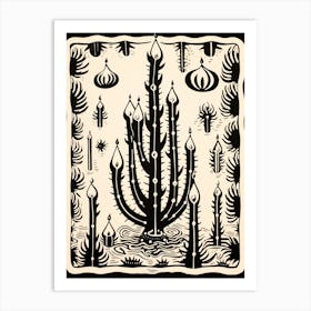 B&W Cactus Illustration Woolly Torch Cactus 1 Art Print