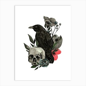 Crow And Skull hand drawn watercolor illustration Art Print